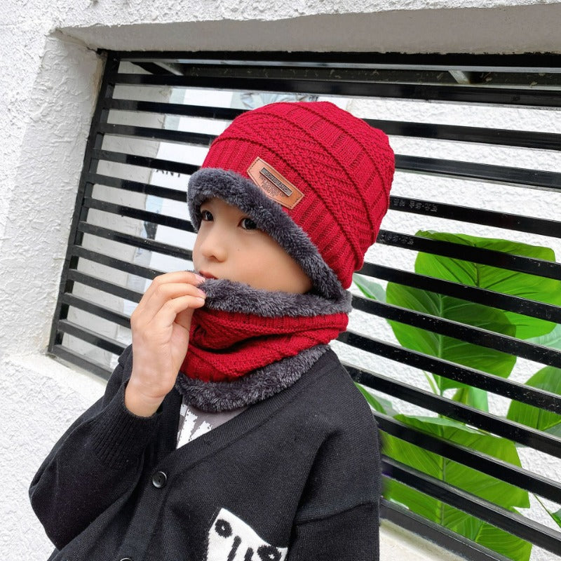 Wholesale winter knitted polyester plus velvet thickened scarf hat set parent-child hat