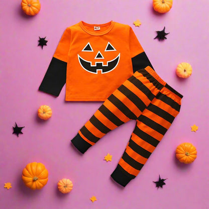 2 Pieces Set Kid Halloween Cartoon Tops And Striped Pants