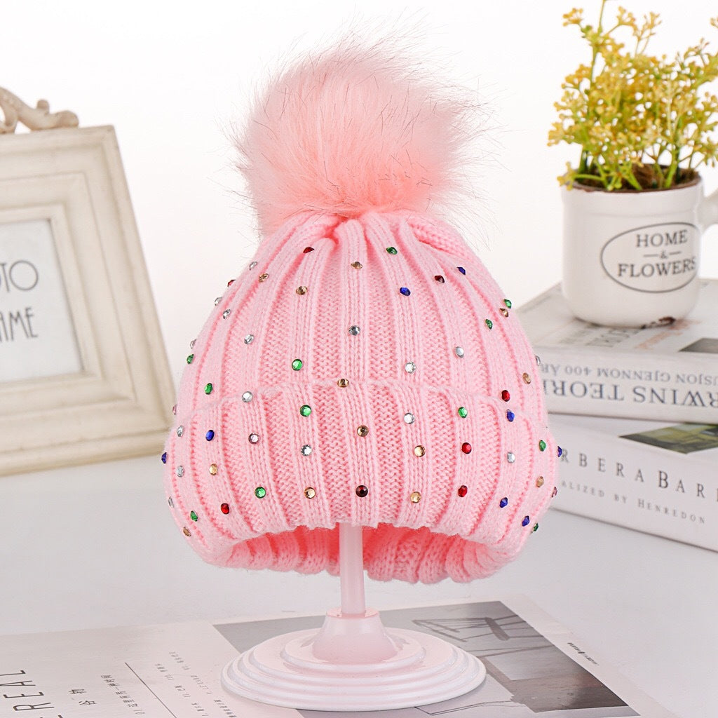 Wholesale Winter Children's Hat Fur Ball Knitted Hat Colorful Diamond Ear Protection Hat