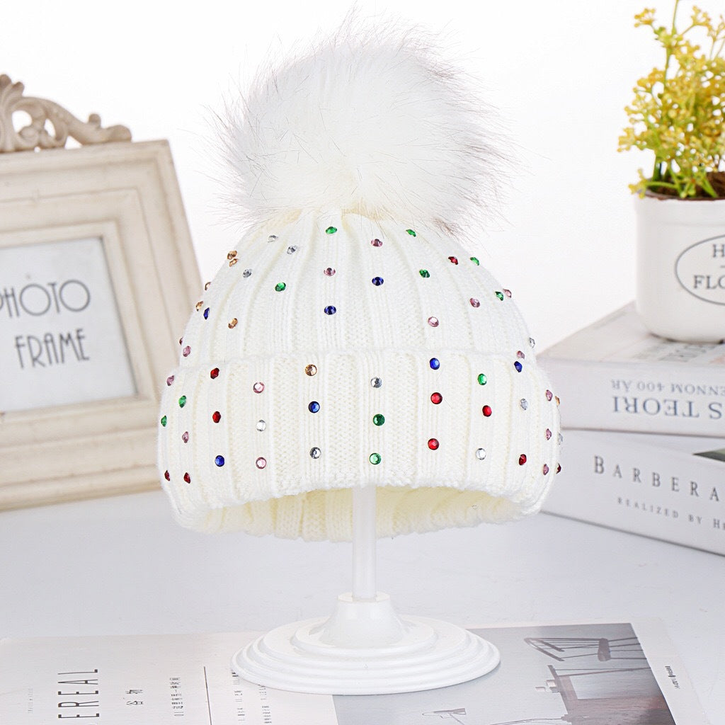 Wholesale Winter Children's Hat Fur Ball Knitted Hat Colorful Diamond Ear Protection Hat