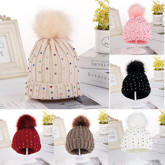 Wholesale Winter Children's Hat Fur Ball Knitted Hat Colorful Diamond Ear Protection Hat