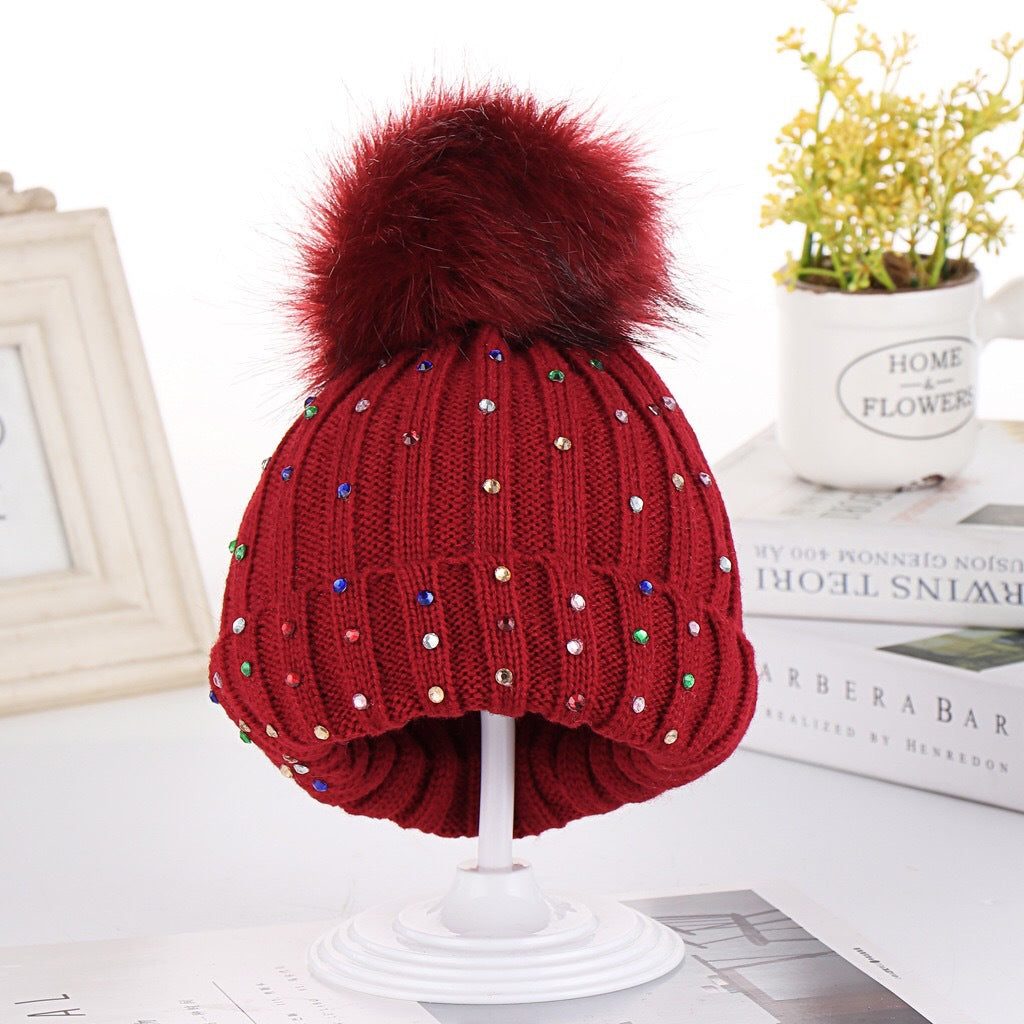 Wholesale Winter Children's Hat Fur Ball Knitted Hat Colorful Diamond Ear Protection Hat