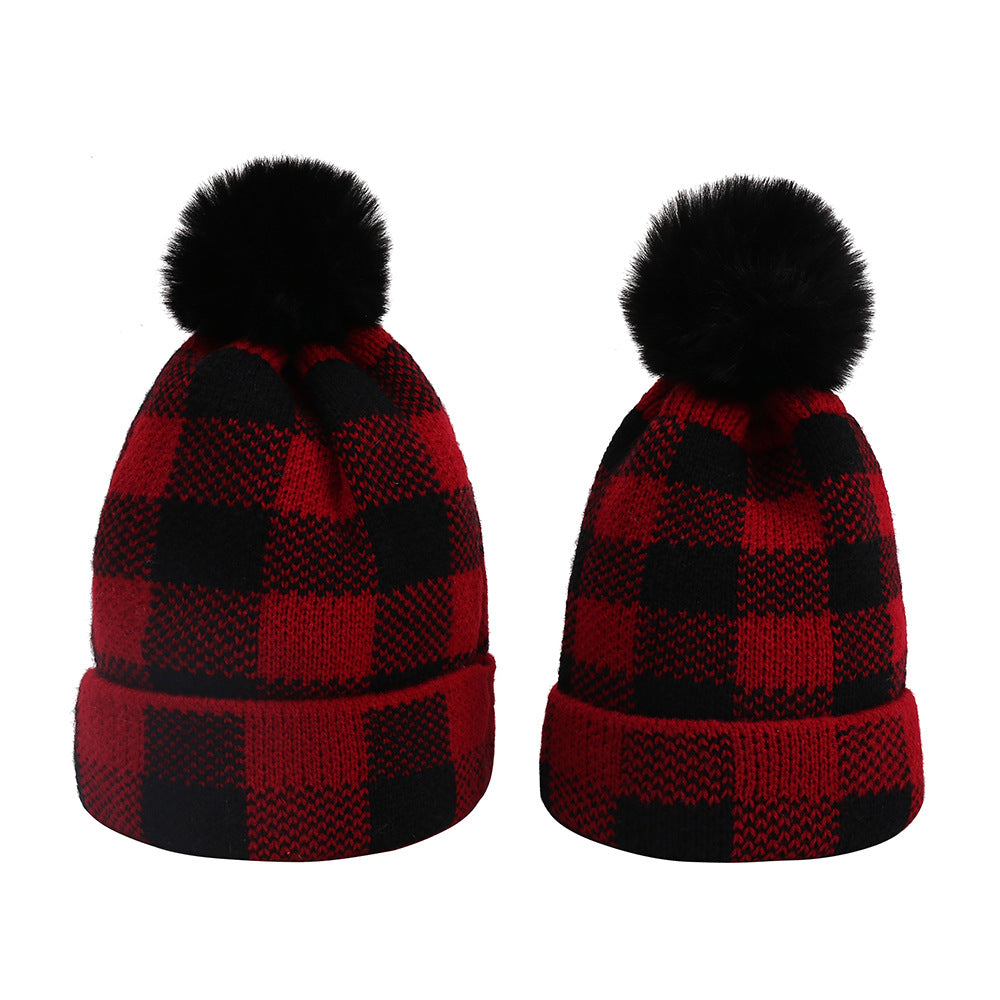 Wholesale Wool Ball Knitted Red and Black Plaid Christmas Warm Hat 10PCS