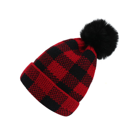 Wholesale Wool Ball Knitted Red and Black Plaid Christmas Warm Hat 10PCS