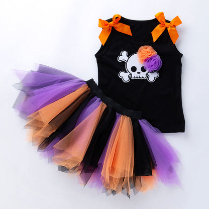 2 Pieces Set Baby Kid Girls Halloween Flower Bow Tank Tops