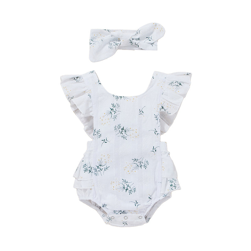 2 Pieces Set Baby Girls Plant Print Rompers And Headwear