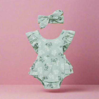 2 Pieces Set Baby Girls Plant Print Rompers And Headwear