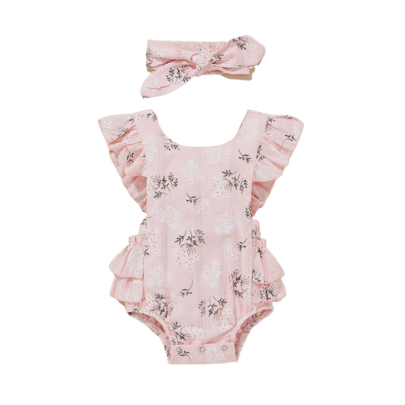 2 Pieces Set Baby Girls Plant Print Rompers And Headwear