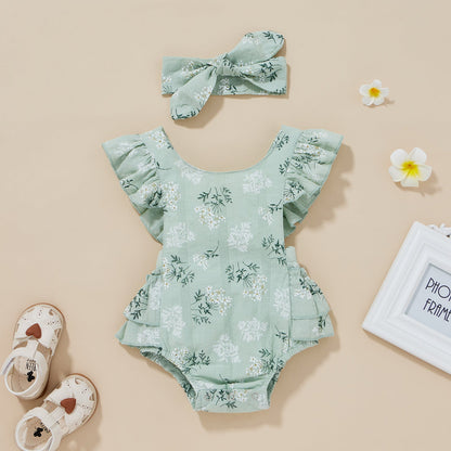 2 Pieces Set Baby Girls Plant Print Rompers And Headwear