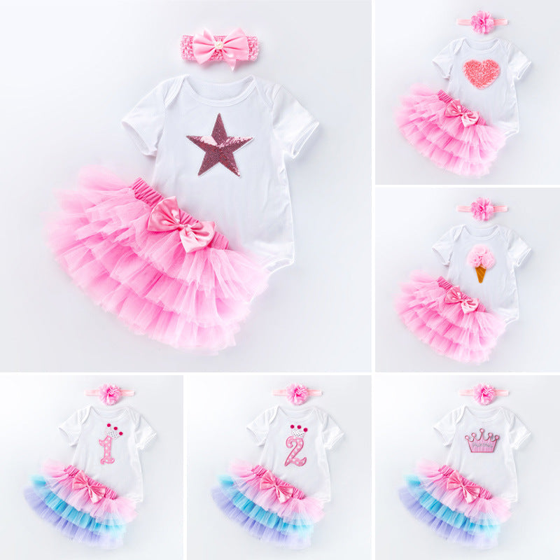 3 Pieces Set Baby Girls Birthday Letters Skirts And Headwear