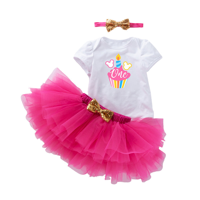 3 Pieces Set Baby Girls Bow Headwear Print T-Shirts And Skirts