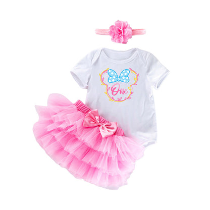 3 Pieces Set Baby Girls Bow Headwear Print T-Shirts And Skirts