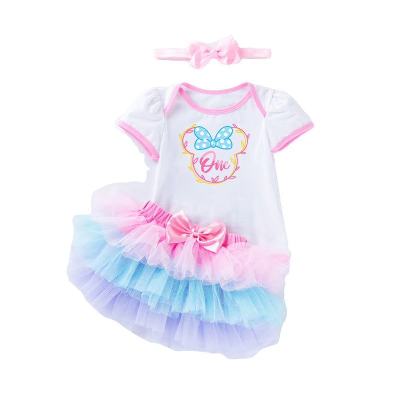 3 Pieces Set Baby Girls Bow Headwear Print T-Shirts And Skirts