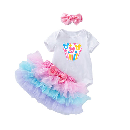 3 Pieces Set Baby Girls Bow Headwear Print T-Shirts And Skirts