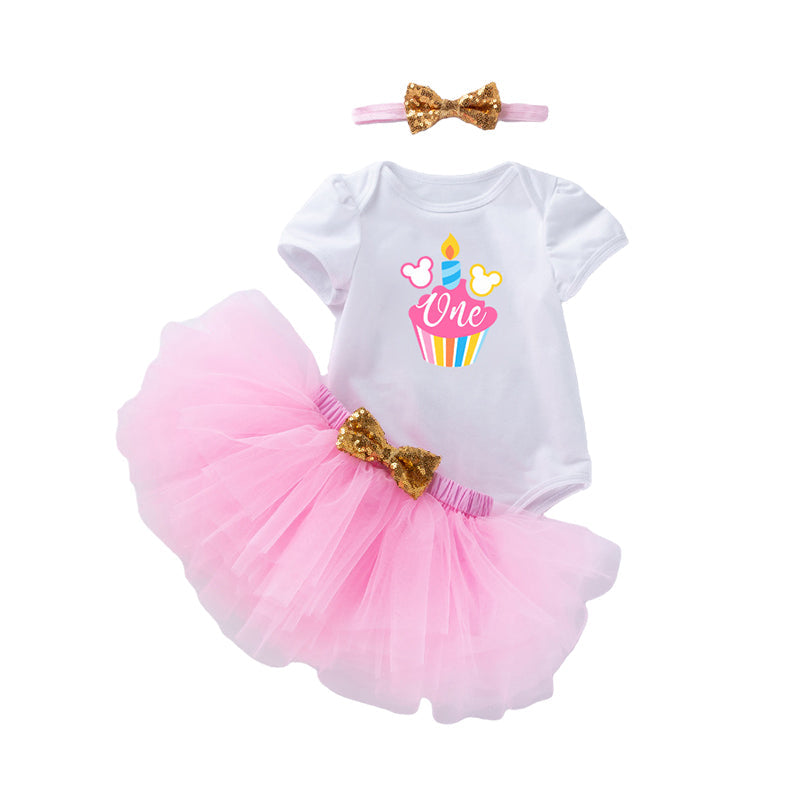 3 Pieces Set Baby Girls Bow Headwear Print T-Shirts And Skirts