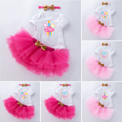 3 Pieces Set Baby Girls Bow Headwear Print T-Shirts And Skirts