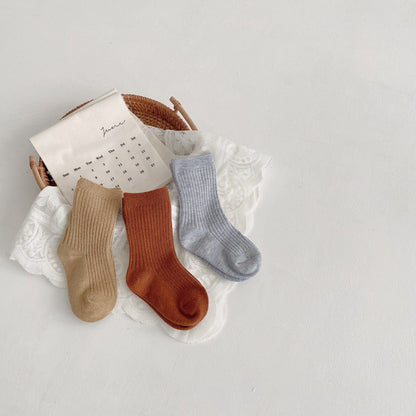 3 Pairs Baby Kid Unisex Solid Color Muslin&Ribbed Socks