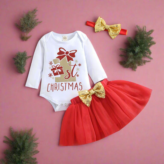 3 Pieces Set Baby Girls Christmas Bow Skirts And Headwear