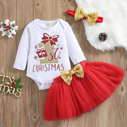 3 Pieces Set Baby Girls Christmas Bow Skirts And Headwear