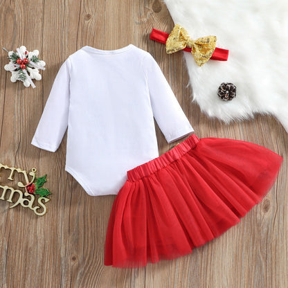 3 Pieces Set Baby Girls Christmas Letters Print Rompers Bow Skirts And Headwear Wholesale 220622132