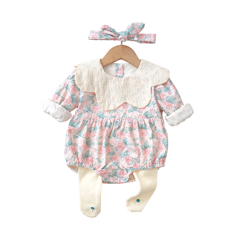 2 Pieces Set Baby Girls Flower Print Rompers And Bow Socks