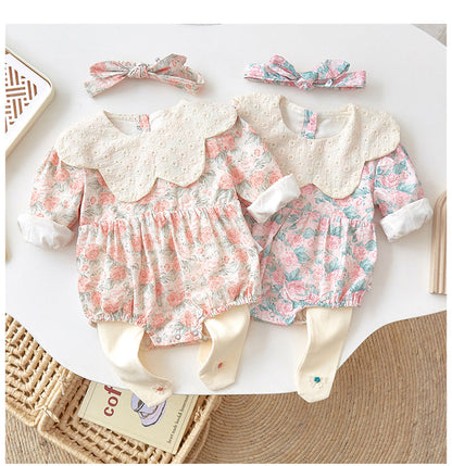 2 Pieces Set Baby Girls Flower Print Rompers And Bow Socks