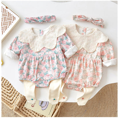 2 Pieces Set Baby Girls Flower Print Rompers And Bow Socks