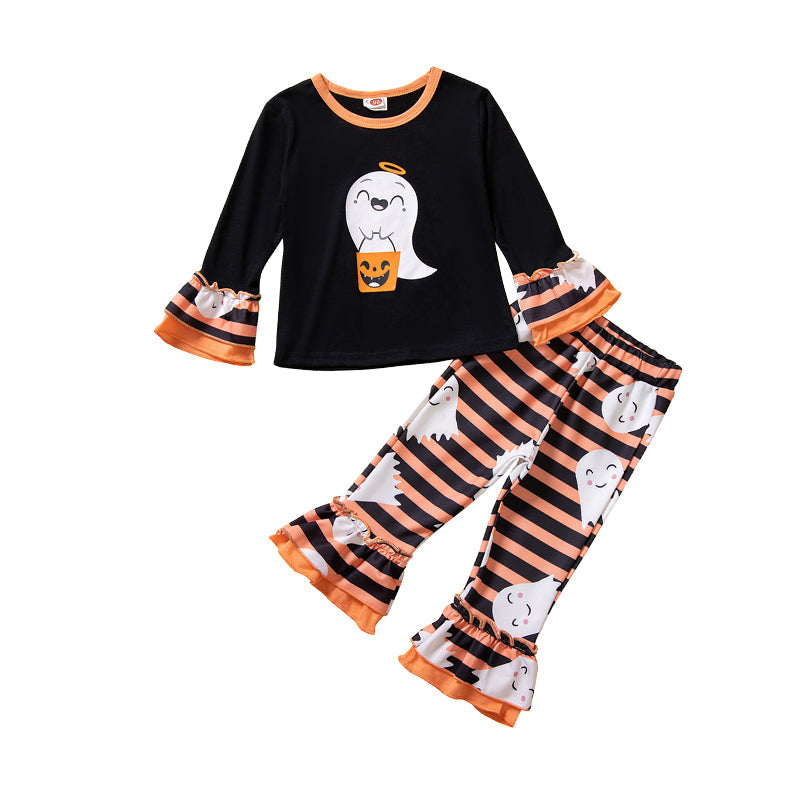 2 Pieces Set Baby Kid Girls Halloween Letters Cartoon Print Tops