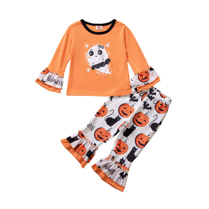 2 Pieces Set Baby Kid Girls Halloween Letters Cartoon Print Tops