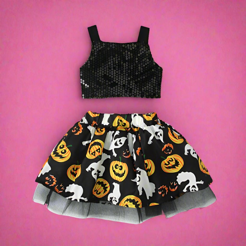 2 Pieces Set Baby Kid Girls Halloween Tank Tops Cartoon And Skirts