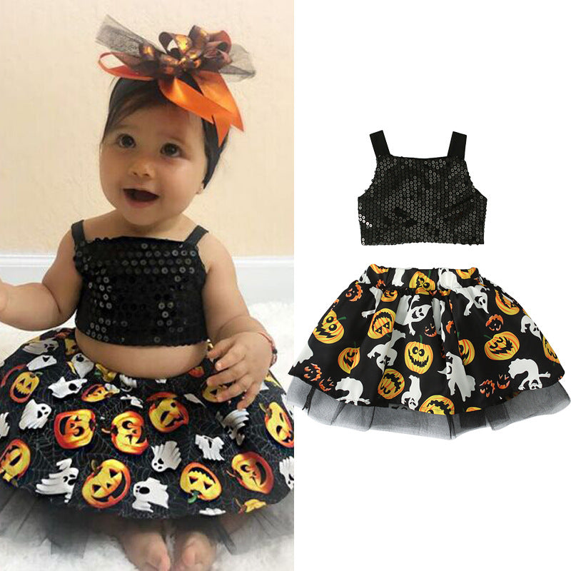 2 Pieces Set Baby Kid Girls Halloween Tank Tops Cartoon And Skirts