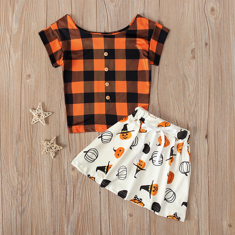 2 Pieces Set Baby Kid Girls Halloween Checked Print T-Shirts