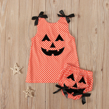 2 Pieces Set Kid Halloween Polka dots Bow Tank Tops And Shorts