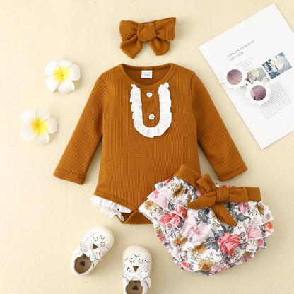 3 Pieces Set Baby Girls Color-blocking Lace Print Rompers Flower Shorts And Bow Headwear Wholesale 221101377