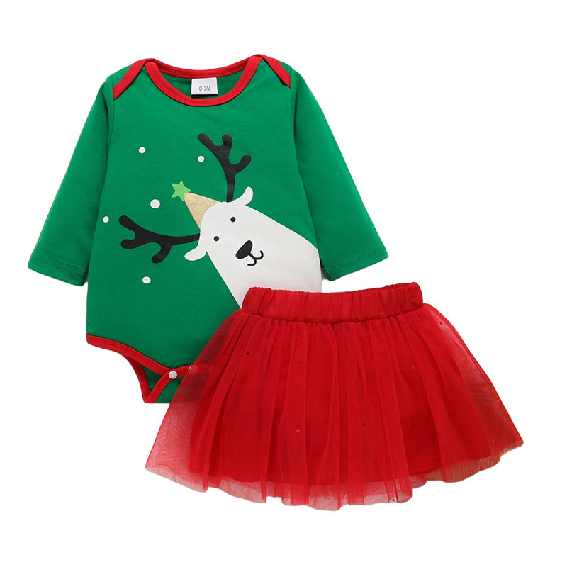 2 Pieces Set Baby Girls Christmas Cartoon Print Rompers And Solid Color Skirts Wholesale 221216178