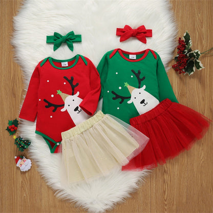 2 Pieces Set Baby Girls Christmas Cartoon Print Rompers And Solid Color Skirts Wholesale 221216178