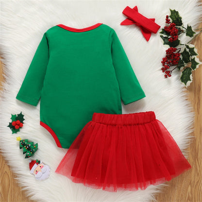 2 Pieces Set Baby Girls Christmas Cartoon Print Rompers And Solid Color Skirts Wholesale 221216178