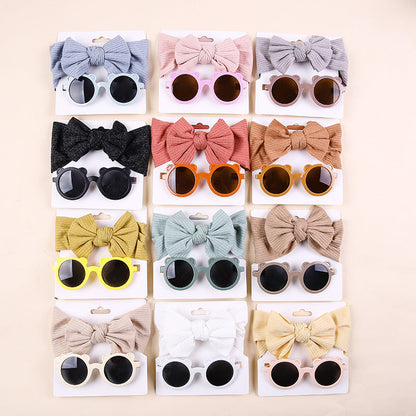 2 Pieces Set Girls Solid Color Cartoon Glasses And Bow Headwear