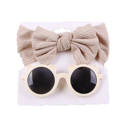 2 Pieces Set Girls Solid Color Cartoon Glasses And Bow Headwear