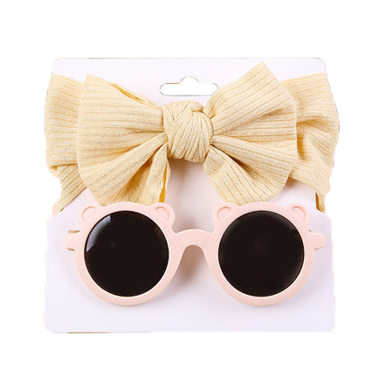 2 Pieces Set Girls Solid Color Cartoon Glasses And Bow Headwear