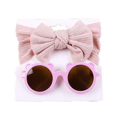 2 Pieces Set Girls Solid Color Cartoon Glasses And Bow Headwear