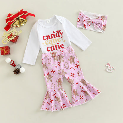 3 Pieces Set Baby Girls Christmas Letters Print Rompers And Cartoon Pants And Bow Headwear Wholesale 221216621