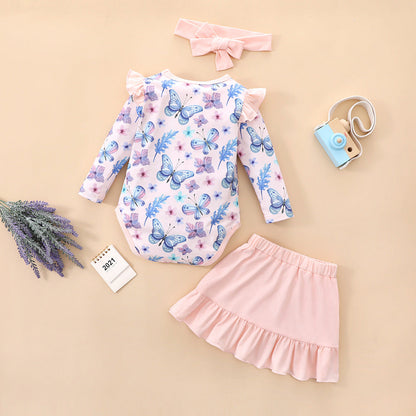 3 Pieces Set Baby Girls Butterfly Print Rompers Solid Color Shorts And Bow Headwear Wholesale 230111137