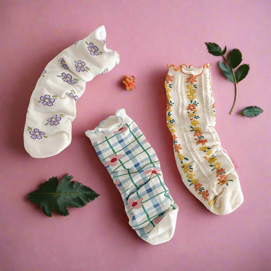 3 Pairs Girls Flower Checked Accessories Socks Wholesale