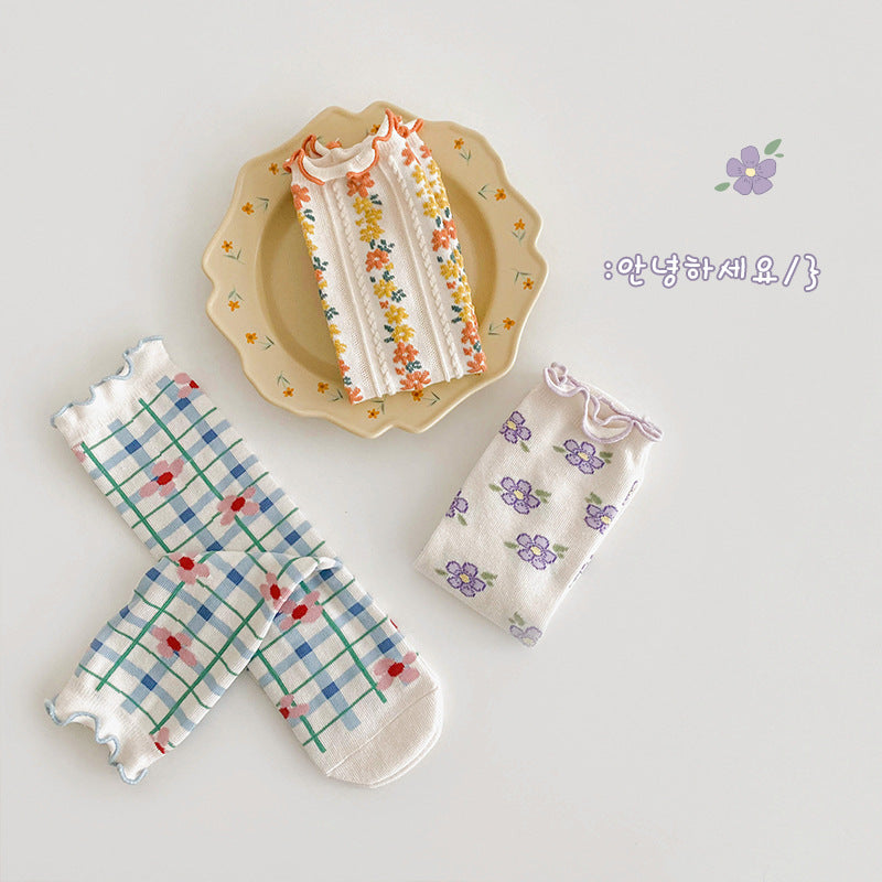 3 Pairs Girls Flower Checked Accessories Socks Wholesale