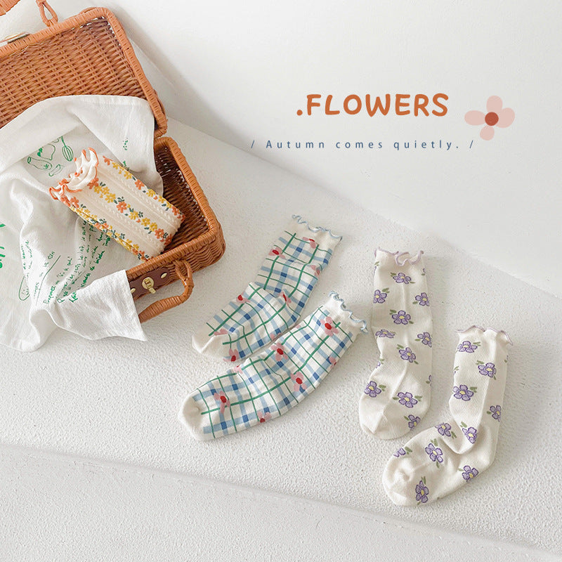 3 Pairs Girls Flower Checked Accessories Socks Wholesale