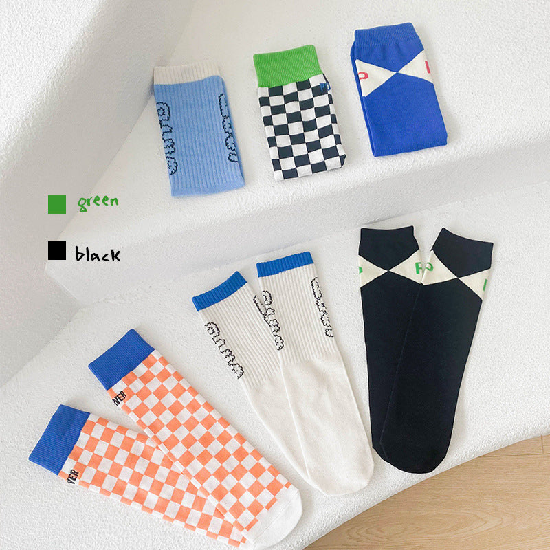 3 Pairs Unisex Letters Checked Accessories Socks