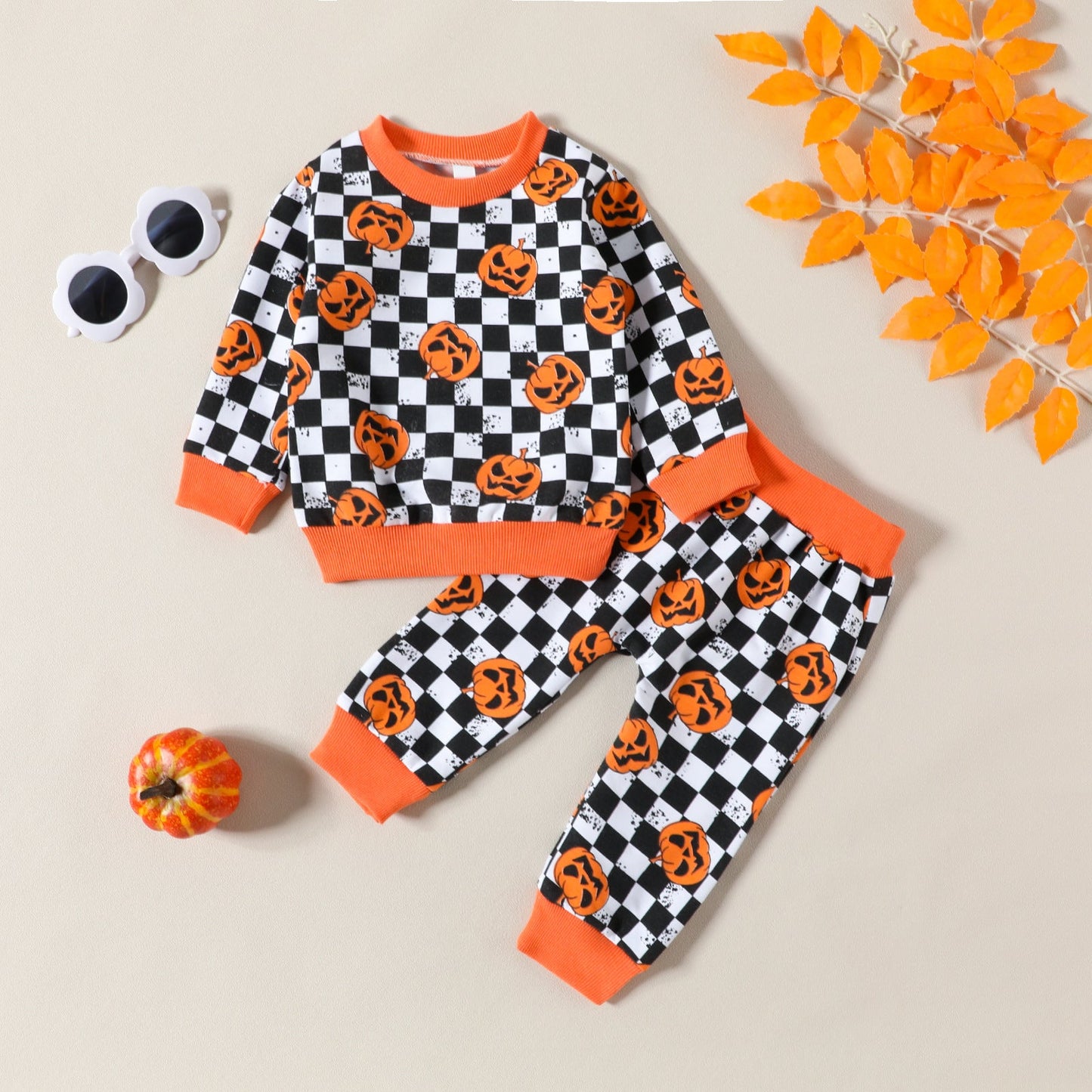 2 Pieces Set Baby Kid Girls Halloween Color-blocking Print Hoodies