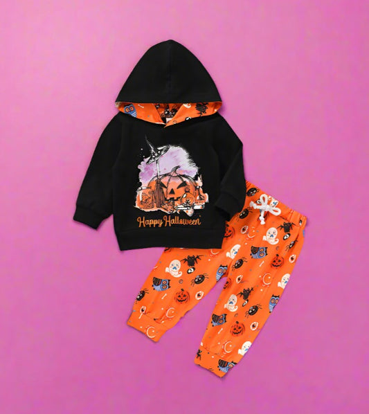 2 Pieces Set Baby Boys Holloween Letters Cartoon Print Hoodies