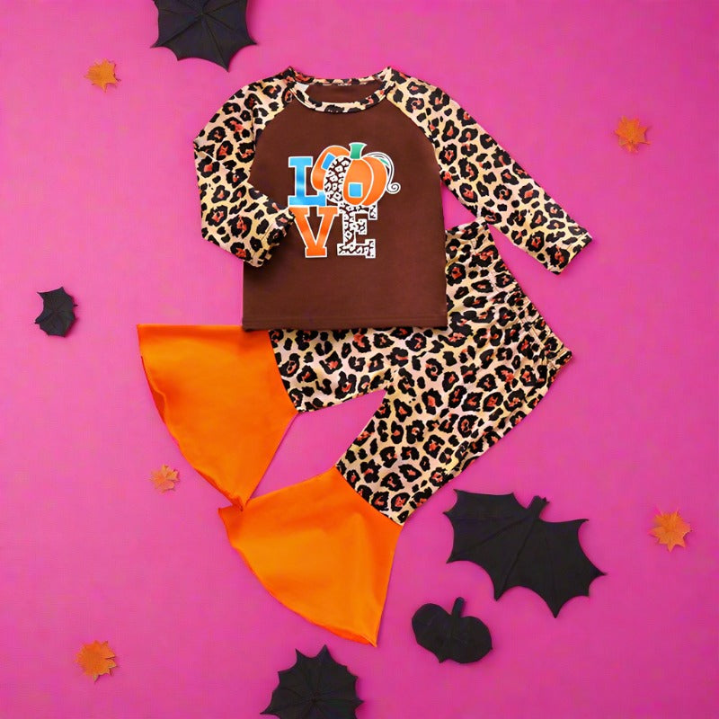 2 Pieces Kid Girl Leopard Set Pumpkin Top With Flared Trousers